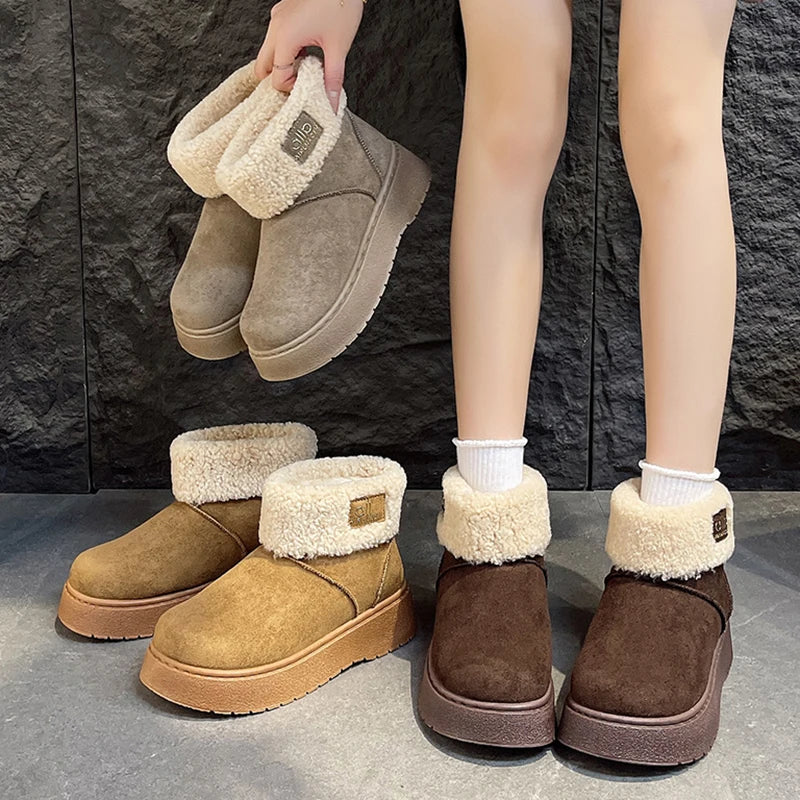Patchwork Lambswool Platform Snow Boots Women Slip On Thicken Plush Warm Ankle Boots Woman Non Slip Thick Sole Winter Boots 41