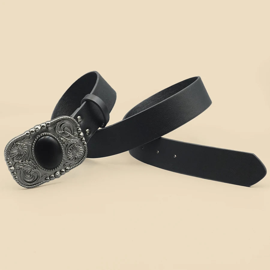 Retro Black Turquoise Inlaid Women's Belt, Western Denim Style, Niche Women's Belt, Carved Black Gemstone Belt