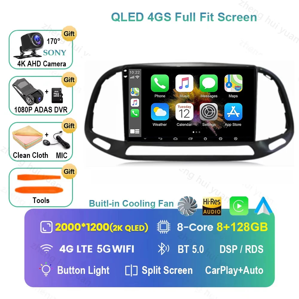 For Fiat Doblo 2015 - 2018 2019 2020 Android 16 GPS WIFI 4G Carplay&Auto Car Radio Navigation QLED Multimedia Stereo Player BT