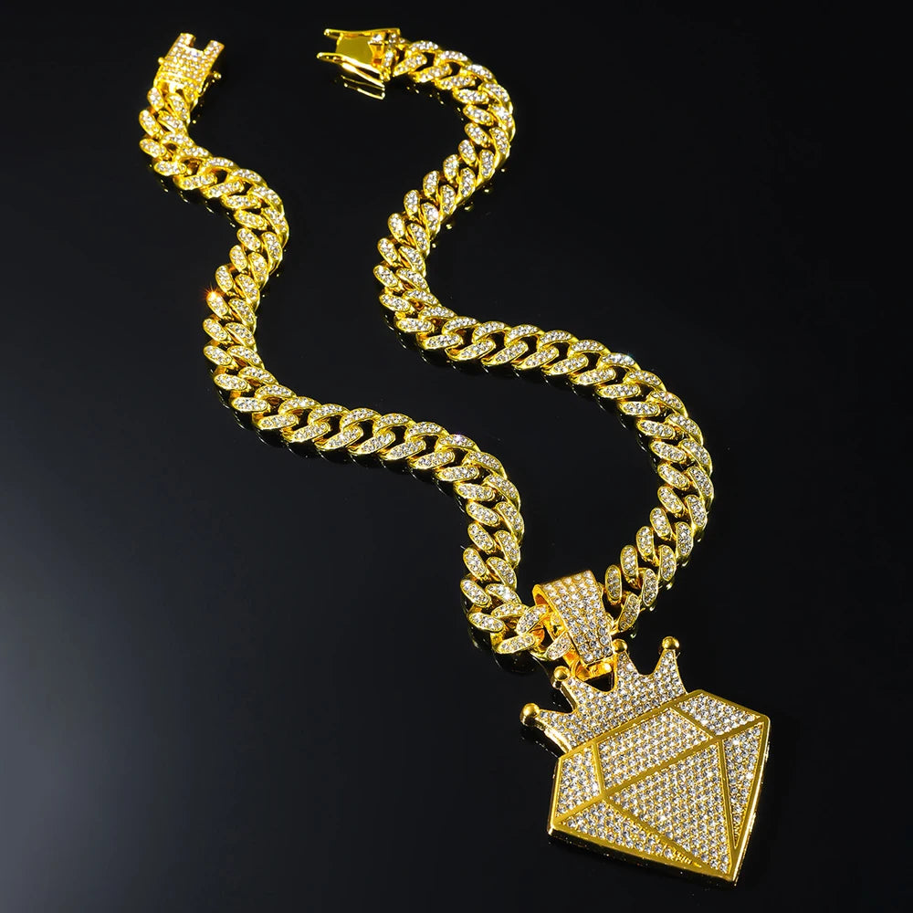 Hip Hop Iced Out Crown Pendant Necklace With 13mm Rhinestone Cuban Chain Bling Necklaces Men Women Fashion Charm Jewelry Gift