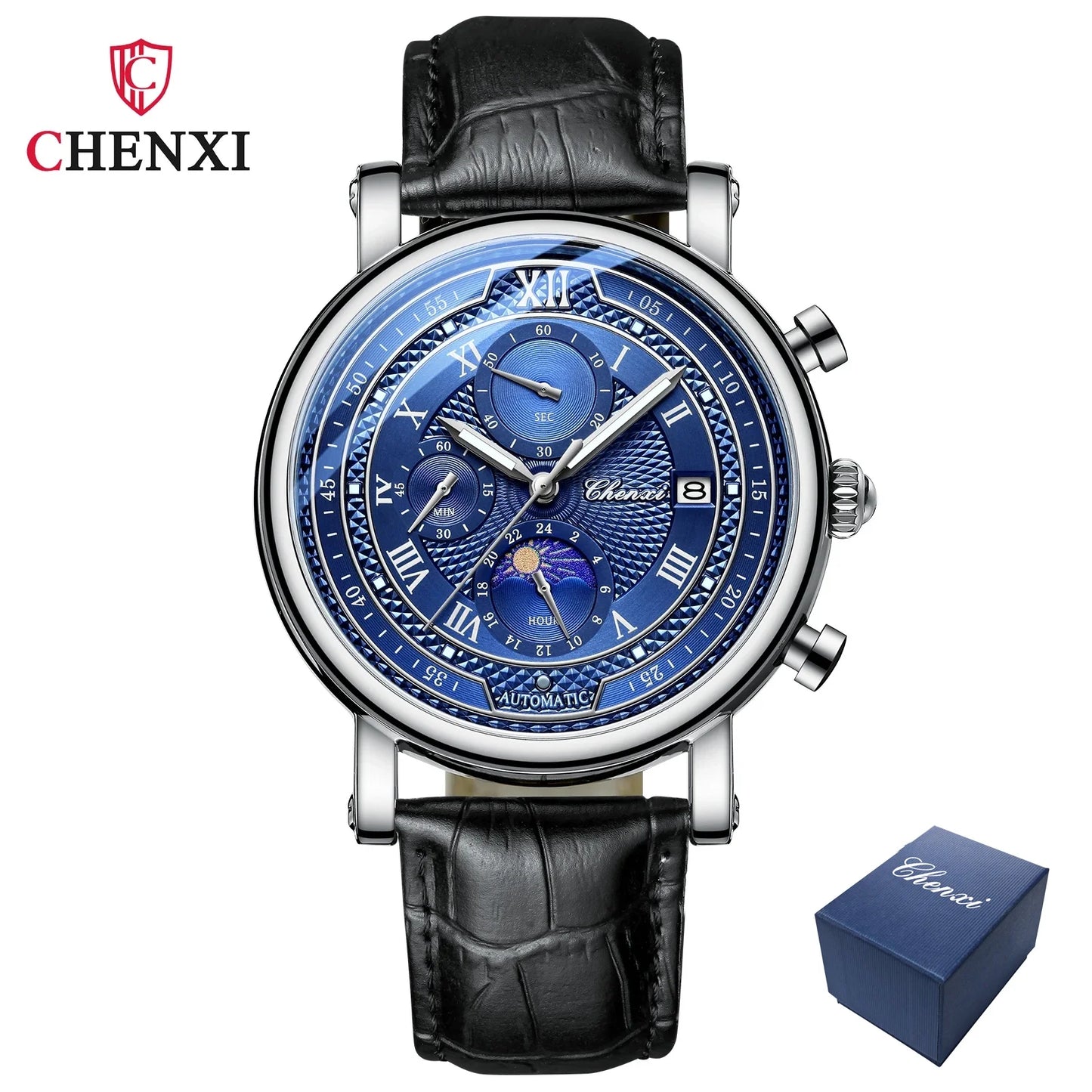 Chenxi Men' Leather Chronograph Phase of The Moon Luminous Quartz Watch blueFace