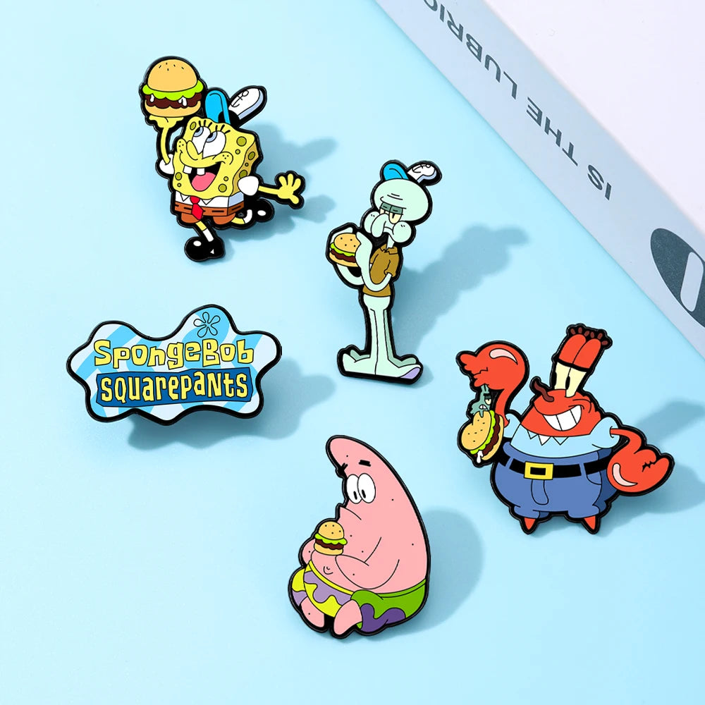 5pcs Sponge star SquarePants Enameled Brooches Metal Badges Cute Jewelry Set for Bag Clothing Backpack Accessorizing Ideal Gift