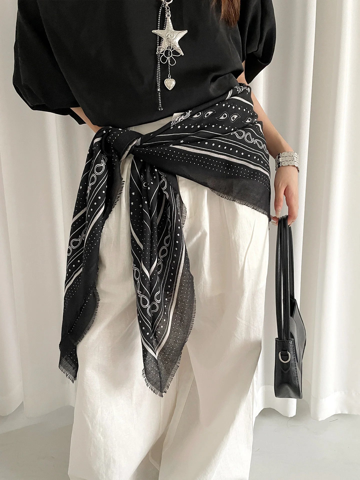 Retro Black Printed Petticoat Scarf Korean Lazy Style Thin Shawl Small Neck Scarf Accessory Belt