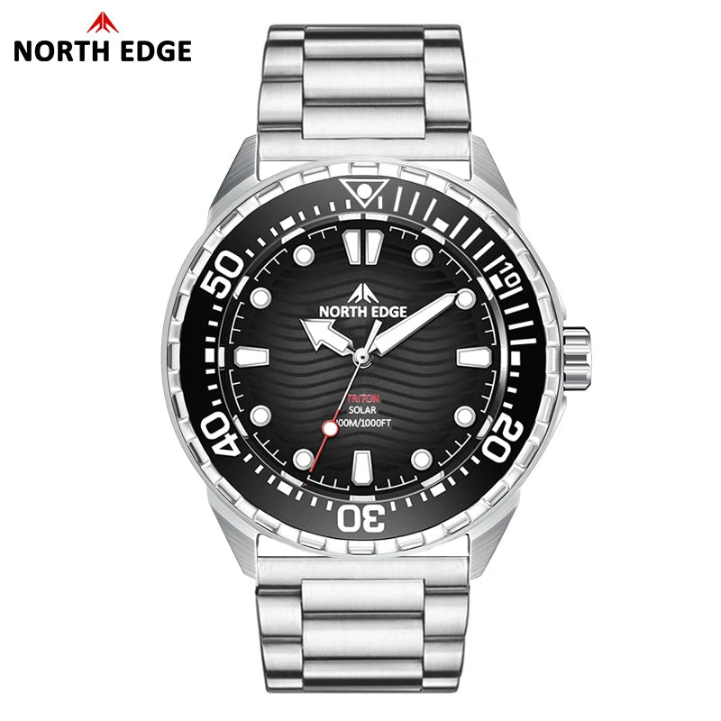 NORTH EDGE TRITON 2025 Solar Dive Watch Men Quartz 316L Steel 300M Waterproof