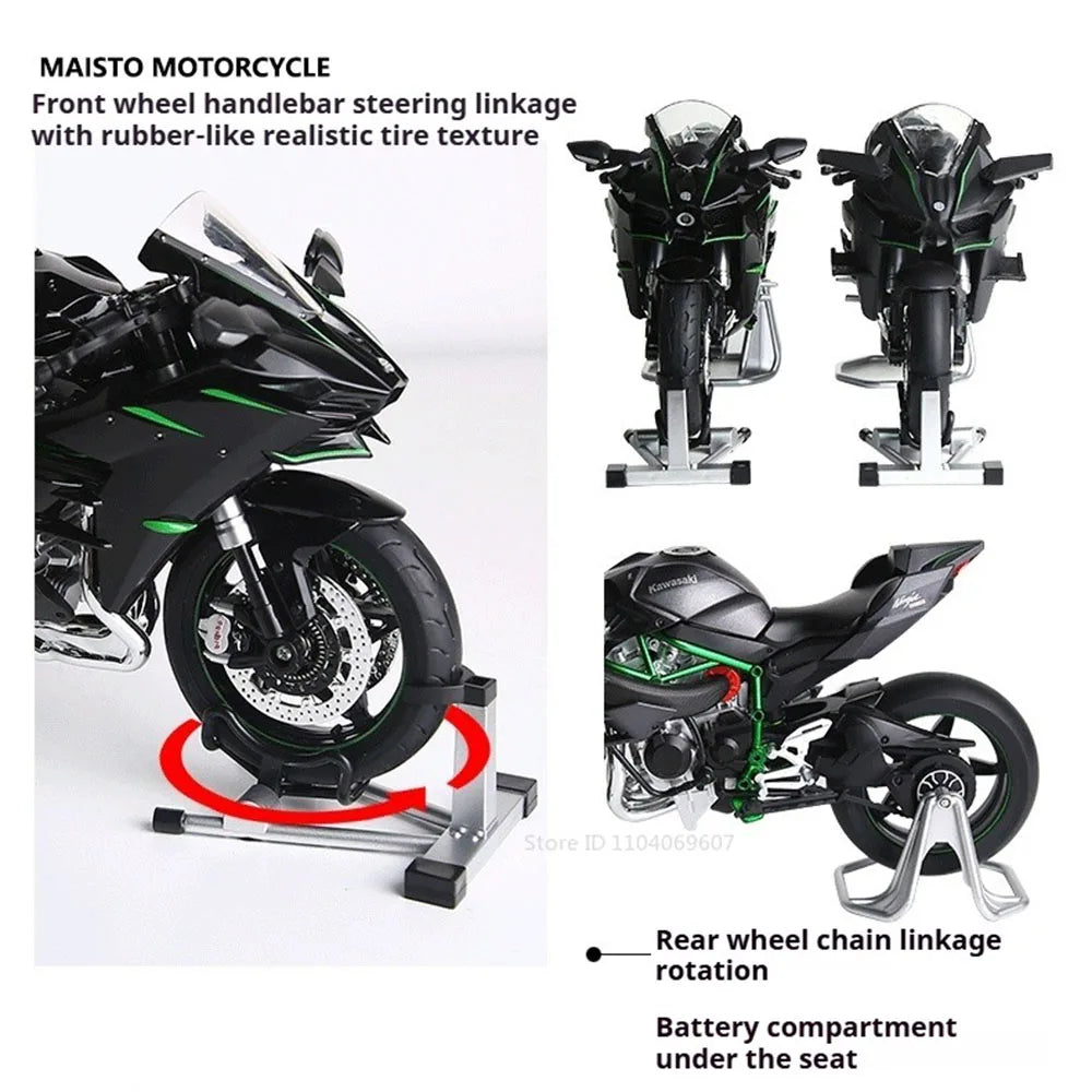 Large 1:9 Kawasaki H2R Alloy Motorcycle Diecast Car Model Toy Front Wheel Steering Shock Absorption Motorbick Adult Gift for Boy