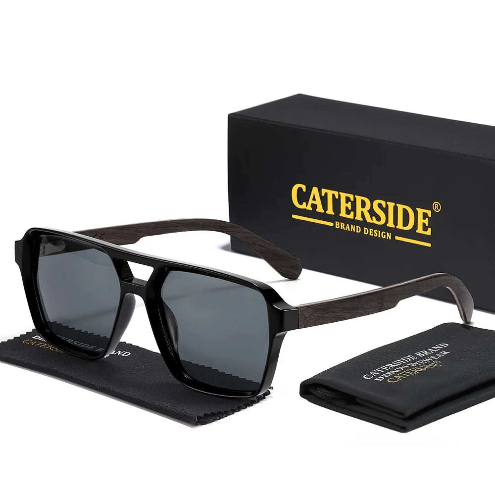 CATERSIDE Retro Men's Pilot Sunglasses Flat Top Double Bridges Design Wooden Spring Hinge Women's Outdoor Travel Driving Glasses