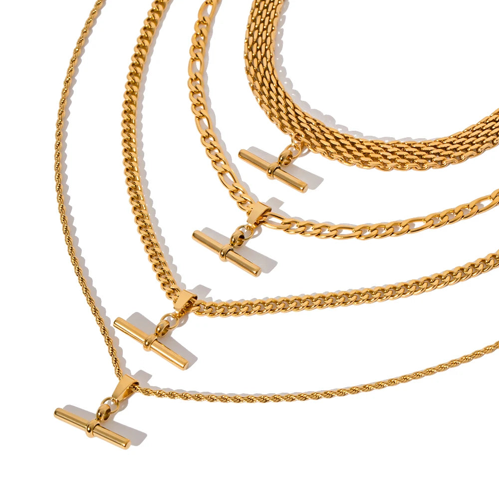Uworld New 18K Gold Color Plating Figaro Cuban Chain T-bar Pendant Necklace Stainless Steel T-bar Pendant Necklace For Women