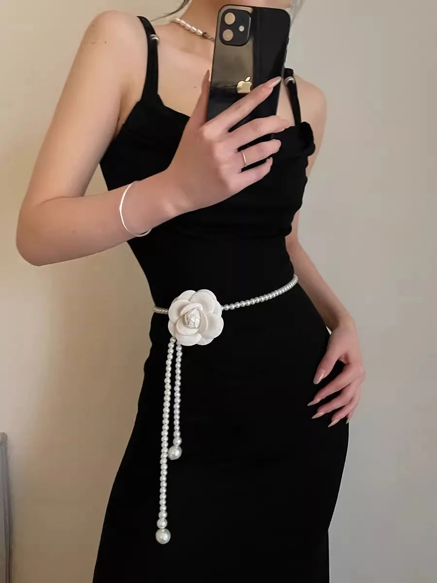 Camellia Pearl Waist Chain For Women Versatile With Skirts Sweet Decoration Thin Waist Belt To Cinch And Slim The Waist
