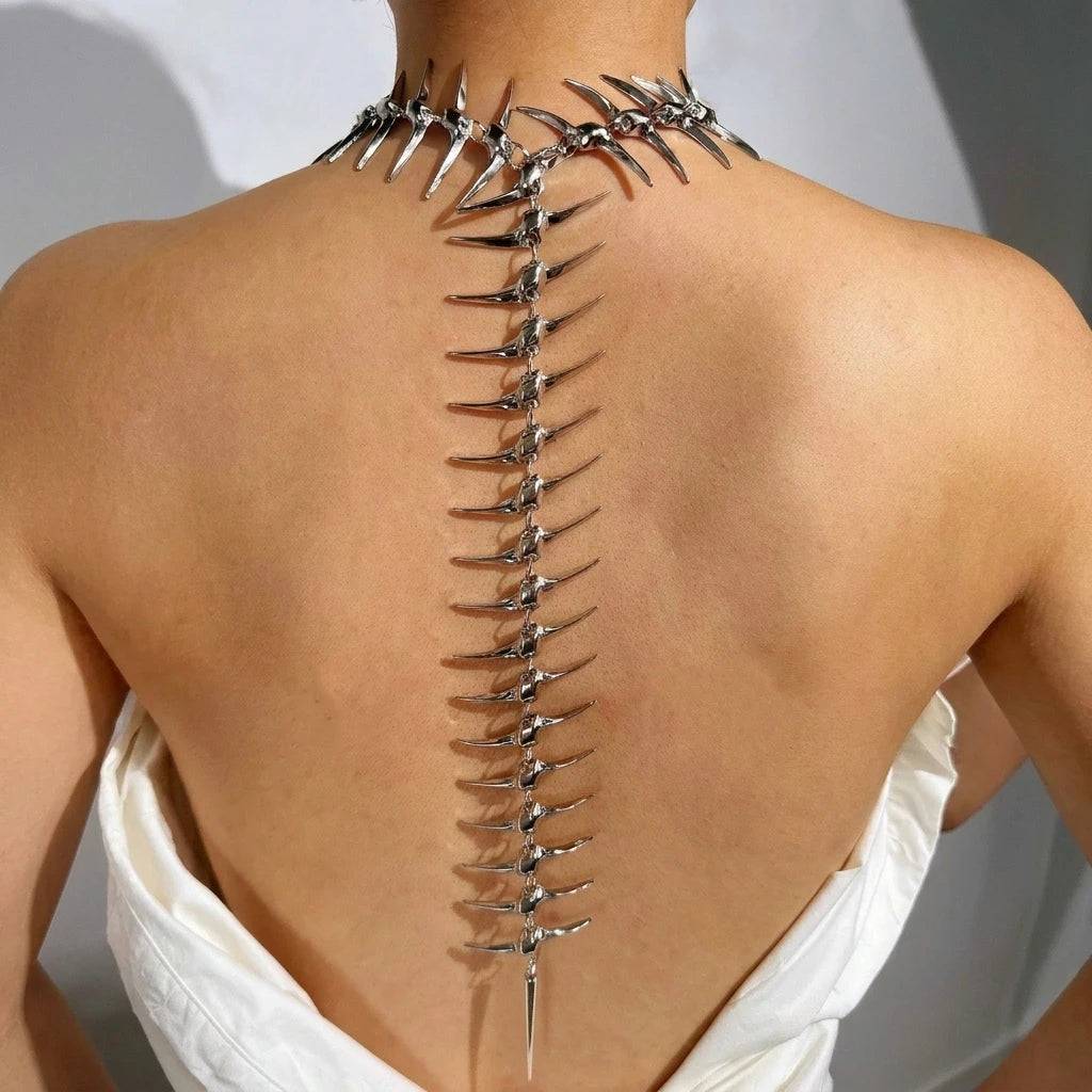 Avant Garde Gold Spine Back Chain Necklace for Women Statement Fishbone Body Jewelry for Backless Dress