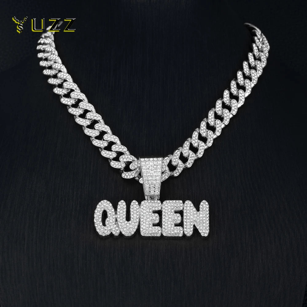 Hip Hop Letter QUEEN Pendant Pave Rhinestone With 13mm Cuban Chain Necklace For Men Fashion Iced Out Crystal Letter Jewelry Gift