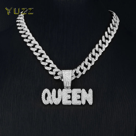 Hip Hop Letter QUEEN Pendant Pave Rhinestone With 13mm Cuban Chain Necklace For Men Fashion Iced Out Crystal Letter Jewelry Gift