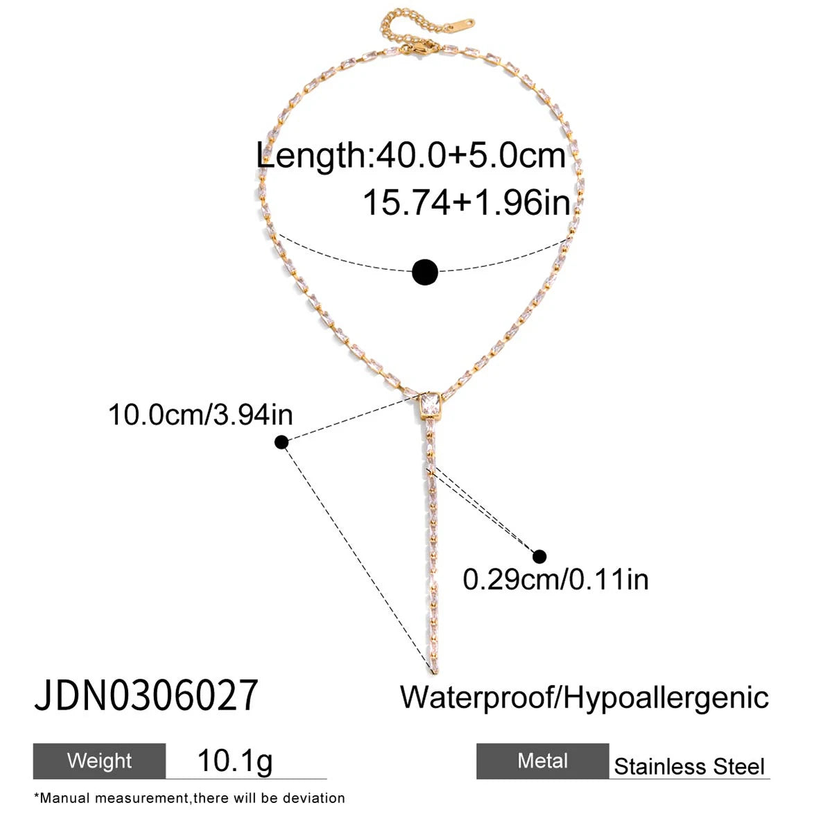 Uworld Classic Minimalist 18K Gold Color Plated White Square Zircon Inlay Y-Shape Necklace Waterproof Stainless Steel Jewelry