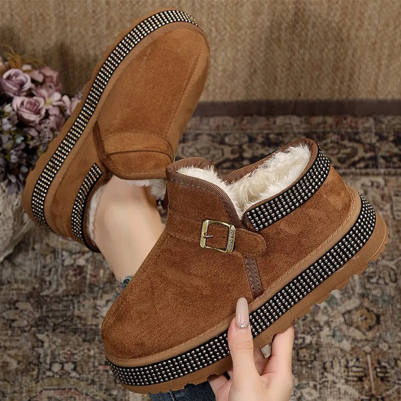Winter Buckle Detor Ankle Boots Women Fashion Shiny Thick Bottom Snow Boots Woman Faux Suede Short Plush Warm Snow Boots Female