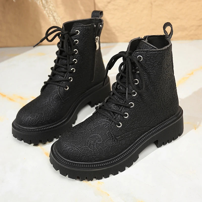 Flower Figure Thick Sole Short Boots Women Fashion Lace Up Platform Ankle Boots Woman 2025 Side Zipper Pu Leather Booties Mujer
