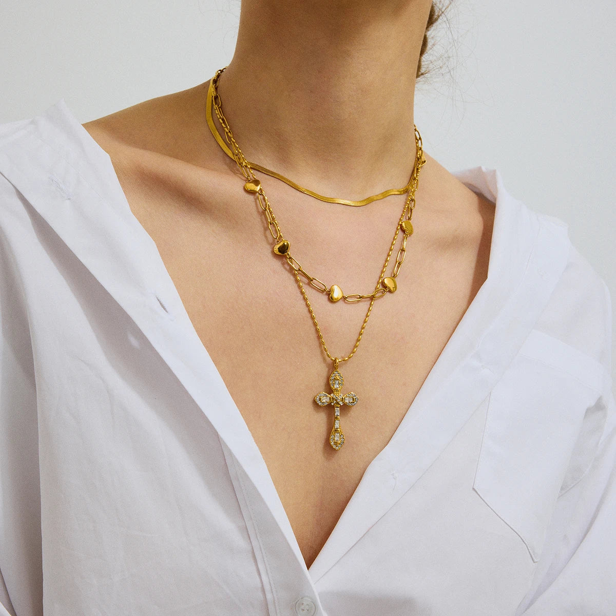 Uworld Retro Zircon Cross Pendant Necklace 18K Gold Color Plated Stainless Steel Colorful Zircon Cross Pendant Necklace Women's