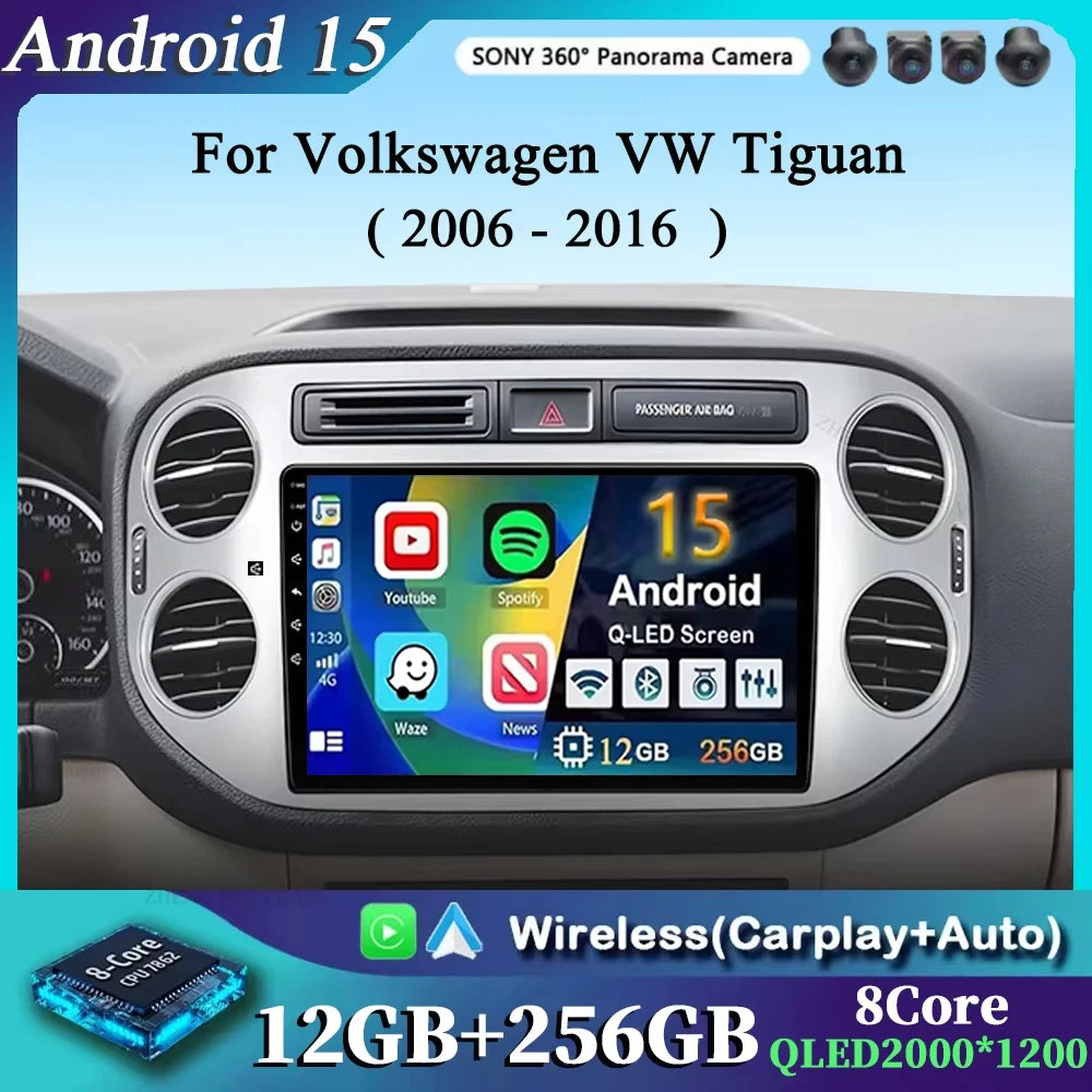 For Volkswagen VW Tiguan 2006 2010 2016 2K 12+256 QLED Android 15 CarPlay Car Radio Multimedia Video Player GPS stereo Head Unit