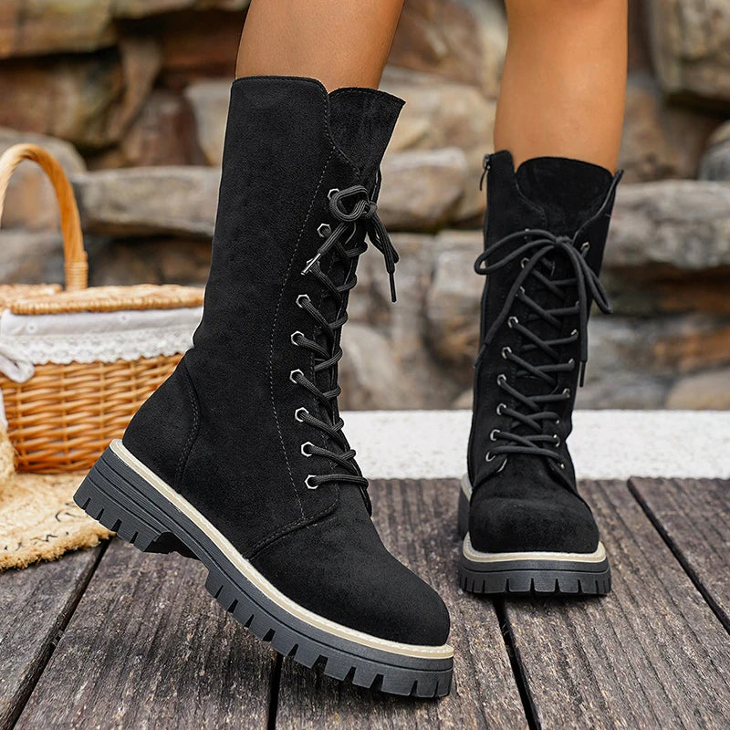 Plus Size 43 Flock Platform Mid Calf Boots Women Fashion Lace Up Thick Sole Riding Boots Woman Side Zipper Autumn Winter Botas