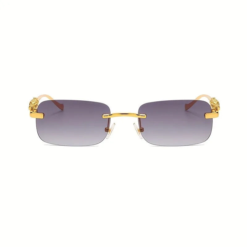 Frameless Rectangular Fashion Glasses for Men and Women Luxurious Design with Gold Metal Border Leopard Head Buckle