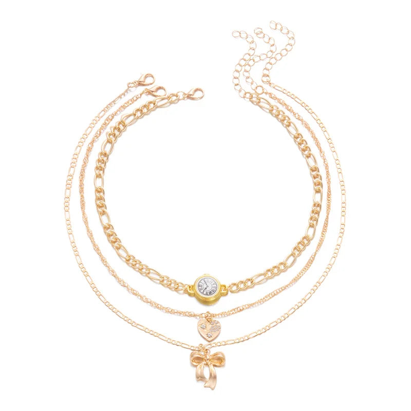 Vintage Punk Gold Plated Thick Chain Bow Heart Pendant Necklace For Women Fashion Multilyer Geometric Neck Chain Hip Hop Jewelry