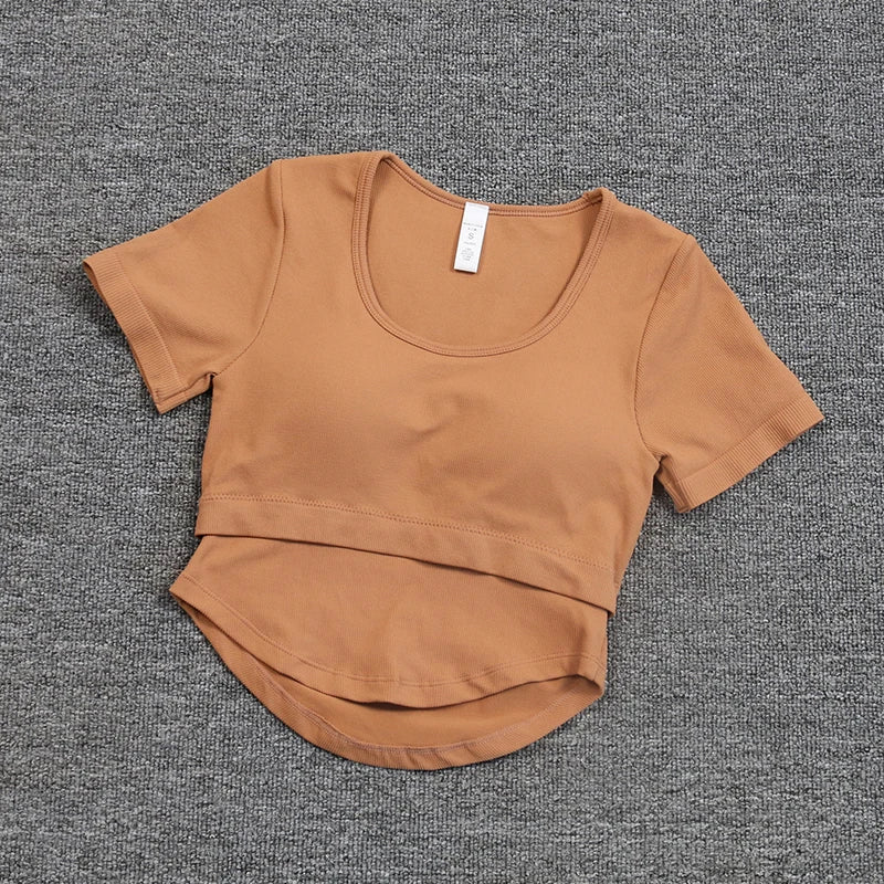 New Fixed Bra Yoga Suit Slimming Sports Top Women's Short Sleeve Breathable Running Fitness Shirt