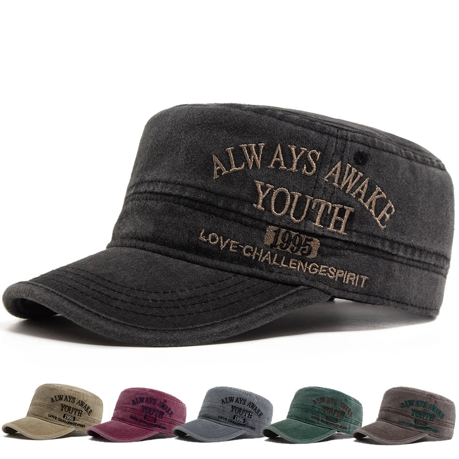 Vintage Flat Hat Men Letter Embroidery Visor Military Cap Outdoor Summer Retro Army Trucker Hats Women Baseball Caps Adjustable