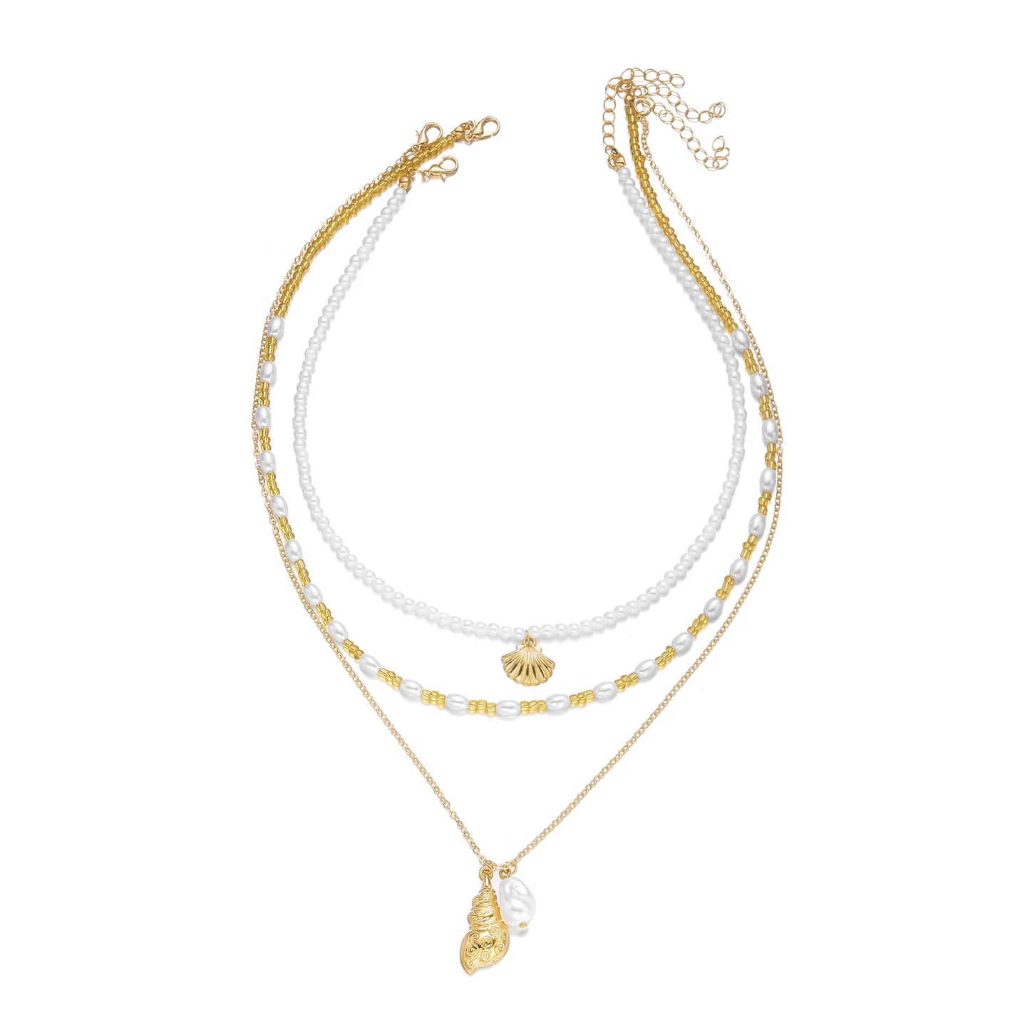 3Pcs Bohemian Conch Faux Pearl Seed Bead Choker Necklace Beach Vacation Ocean Layered Jewelry Set