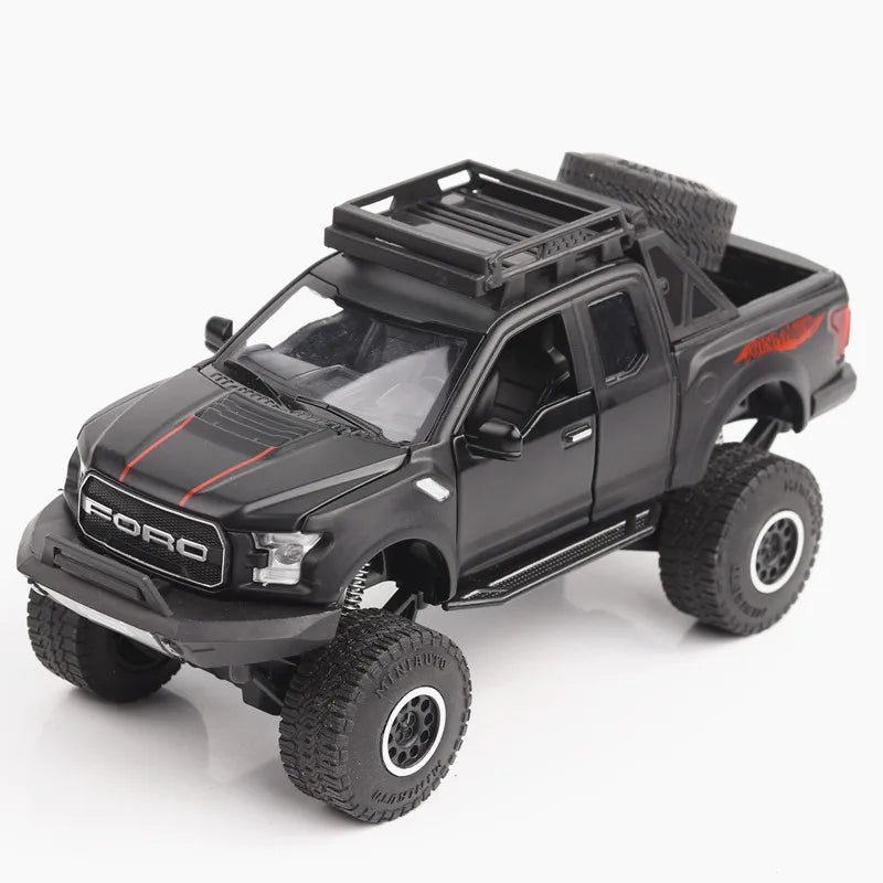 Scale 1/32 Raptor F150 Cars Model Toys Diecast Alloy Pickup Metal Body Rubber Tires with Sound Light Vehicles Toy Gifts for Kids