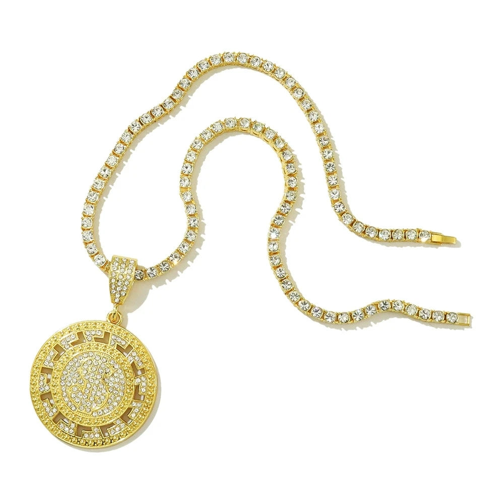 New Men Hip Hop Round US Dollar Money Sign Pendant Necklace With 4mm Tennis Chain Good Luck Necklace Hiphop Couple Gifts Jewelry