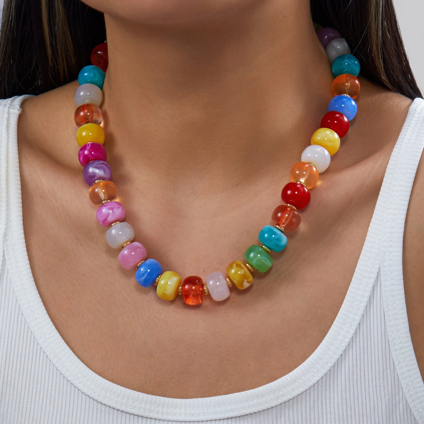 Chunky Dopamine Colorful Resin Bead Necklace for Women Y2K Aesthetic Rainbow Candy Pendant Necklace Statement Jewelry