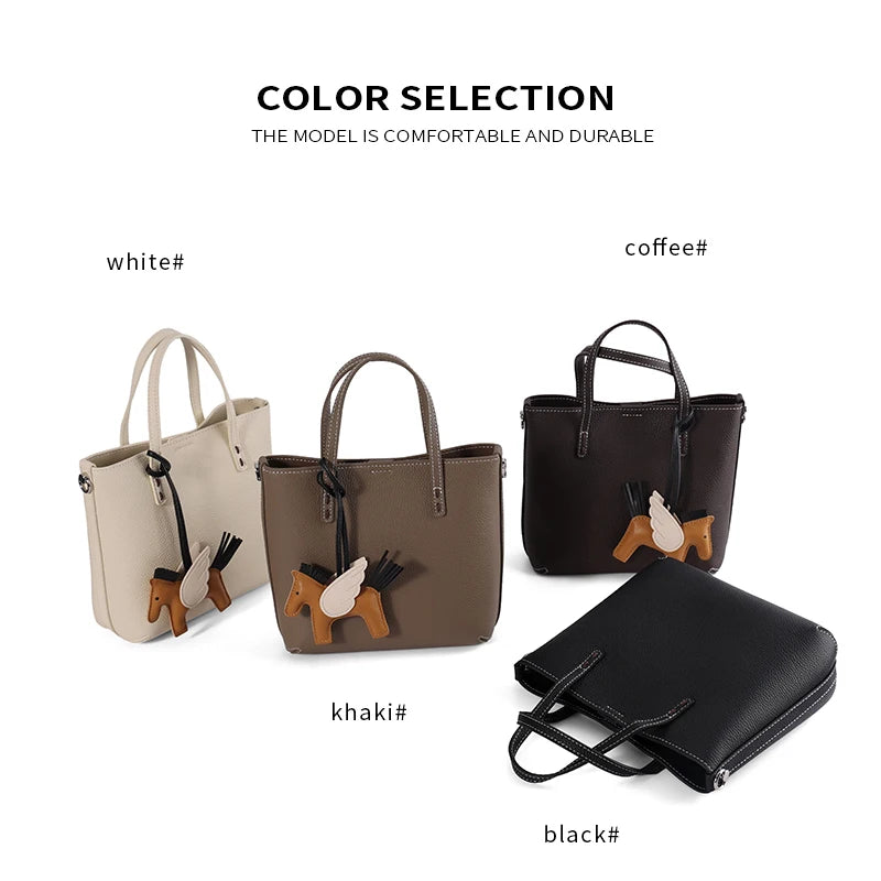 Genuine Cowhide Leather Mini Tote Bag for Women Pebbled Leather Bucket Bag with Horse Charm Luxury Designer Patchwork Handbag