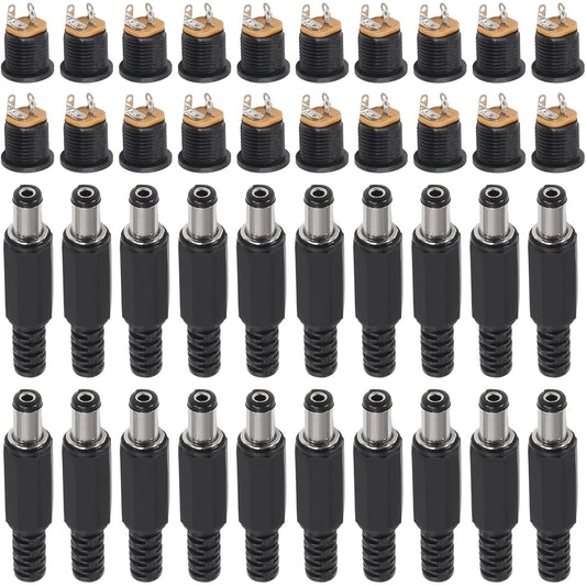 20Pair 12V 3A 5.5x2.1mm DC Power Male Plugs Connector DC Power Socket Female Jack Screw Nut Panel Mount Adapter 5.5 * 2.1mm