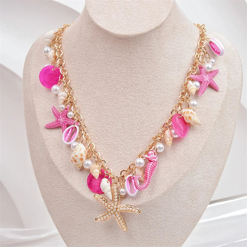 Exaggerated Big Starfish Conch Pendant Necklace Vacation Ocean Style Shell Pearl Choker Necklaces for Women Beach Party Jewelry