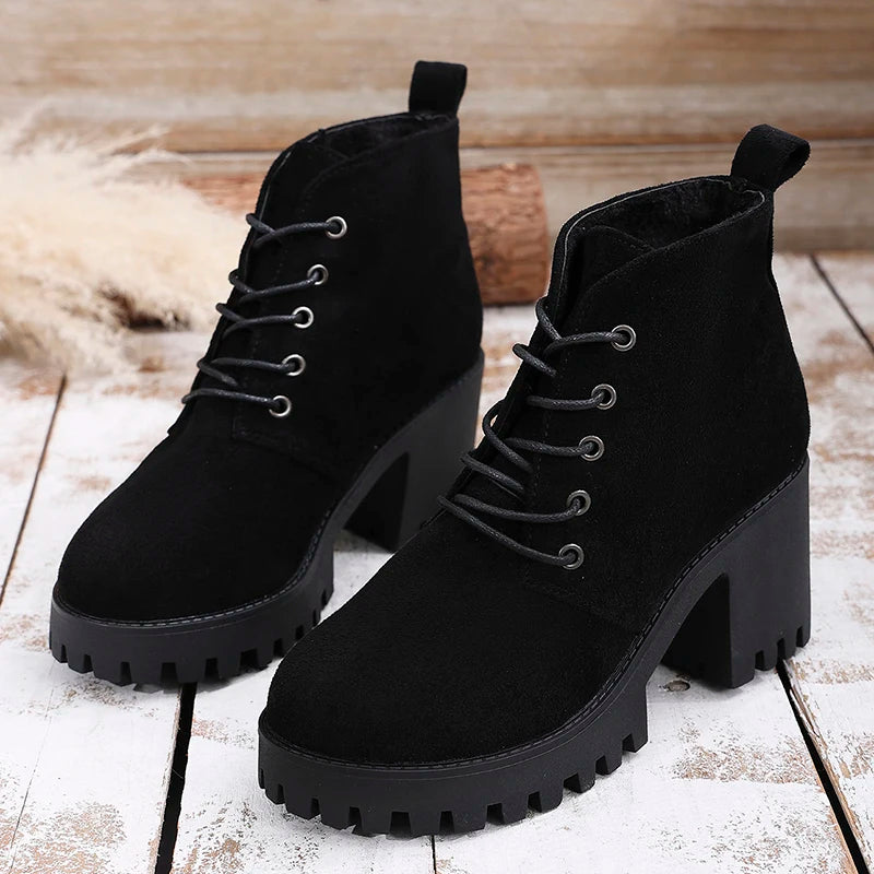 Classic Lace Up High Heels Ankle Boots Women Autumn Winter Black Flock Short Booties Mujer Plus Size 42 Thick Heel Boots Female