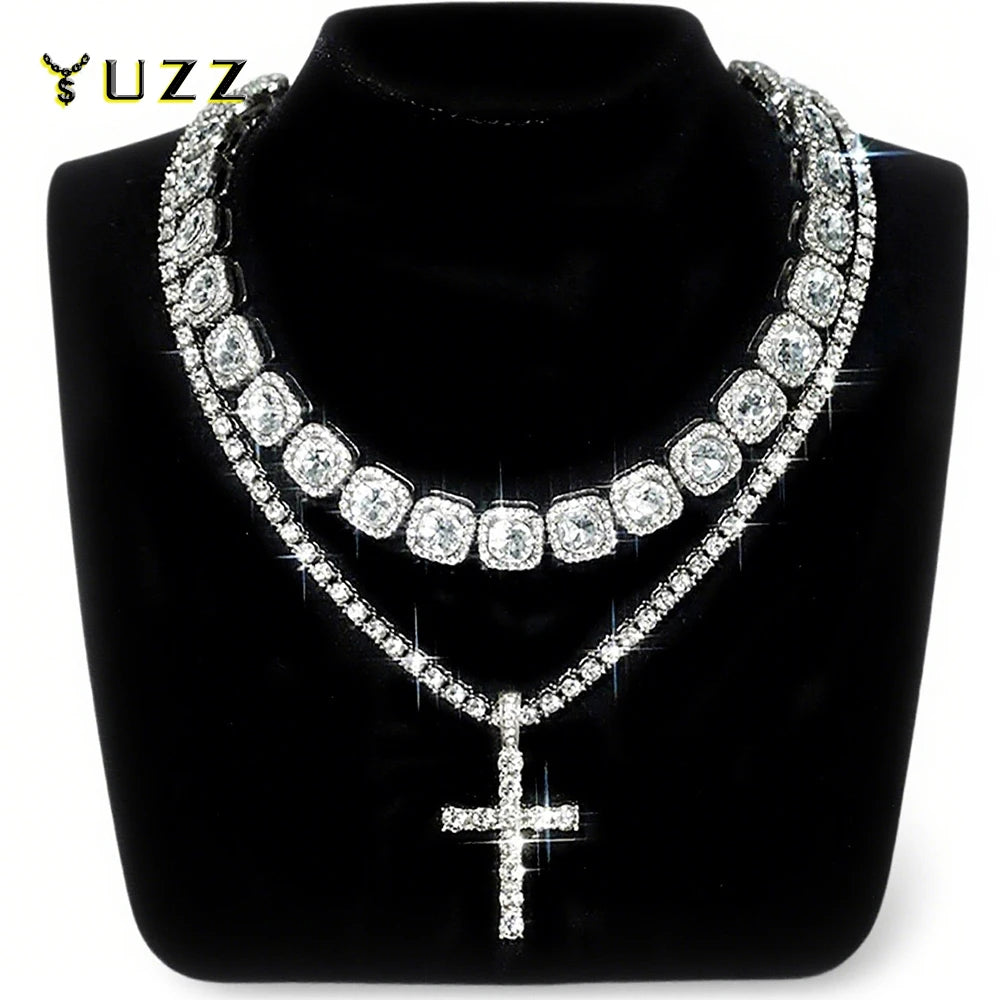 Hip Hop  Iced Out Tennis Chain Cross Necklace Men Women 2Pcs Bling Miami Cuban Chain Necklace Set Iced Out Chain Jewelry Gift