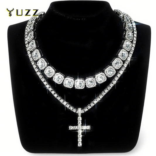 Hip Hop  Iced Out Tennis Chain Cross Necklace Men Women 2Pcs Bling Miami Cuban Chain Necklace Set Iced Out Chain Jewelry Gift