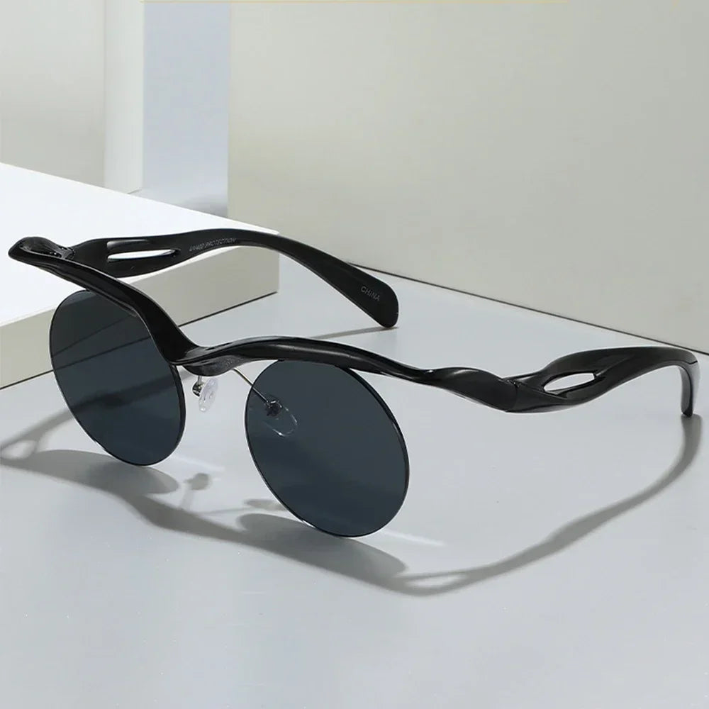 JNPCXI Retro Unique Rimless Round Sunglasses Fashion Clear Ocean Lens Shades UV400 Brand Designer Men Punk Mirror Sun Glasses