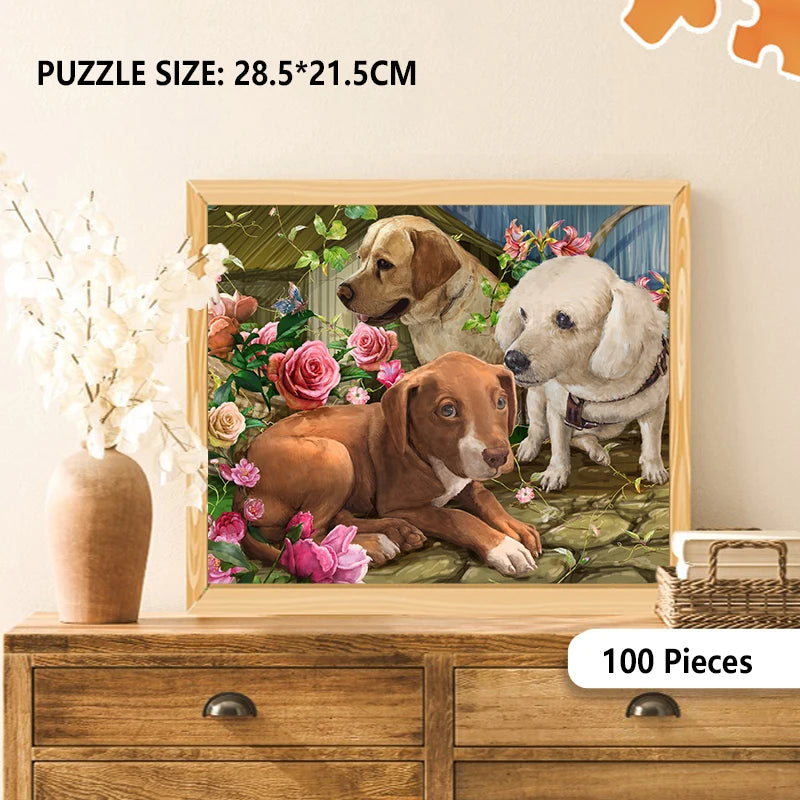 100 Pieces Jigsaw Puzzle Assembling Picture Cartoon Animals Three Dogs with Flower Decompression Puzzles Toy Educational Gifts