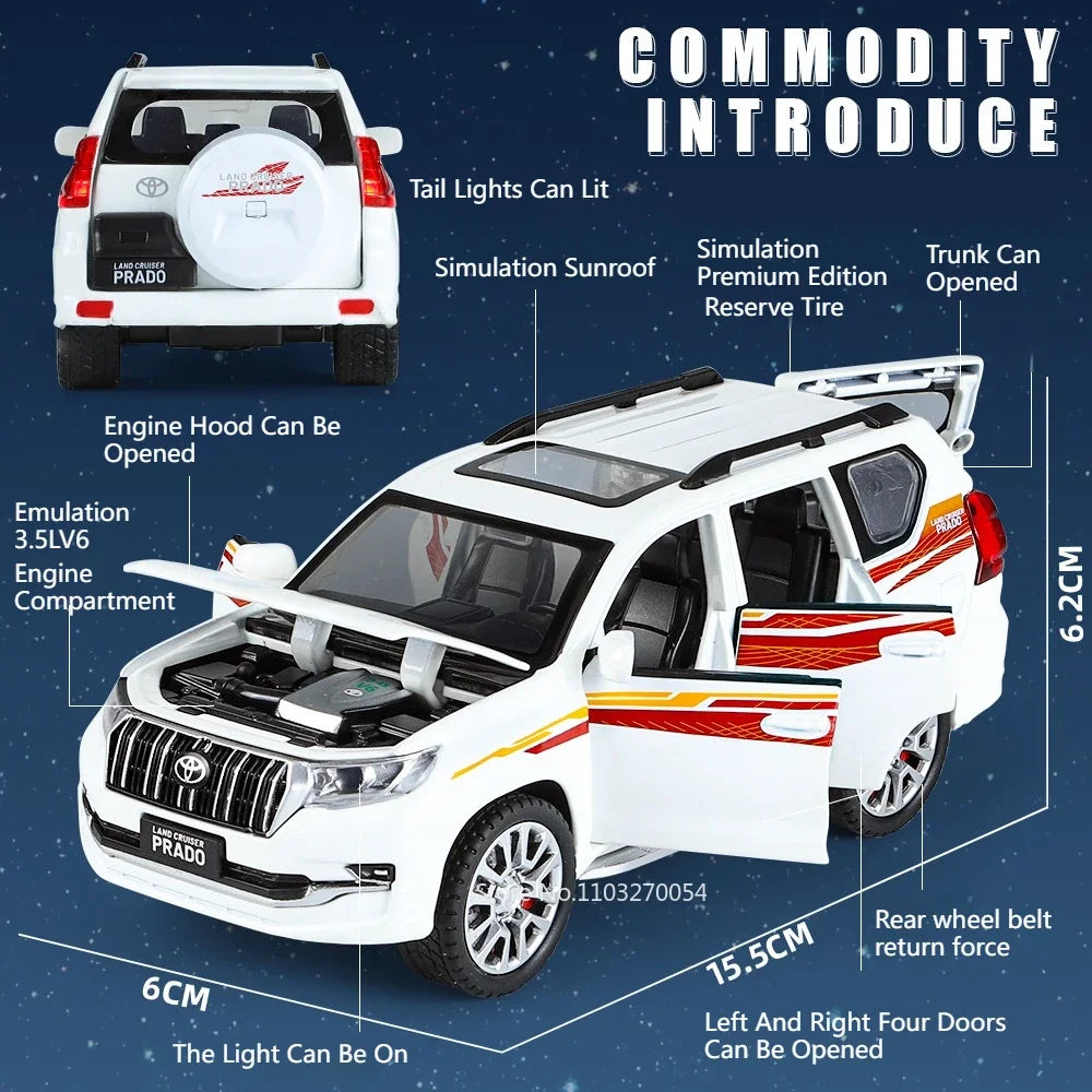 1:32 Prado Land Cruiser LC300 Police Car Metal Model Toy Alloy Diecast Vehice Rubber Tire Sound Light Pull Back Toy Gift for Kid