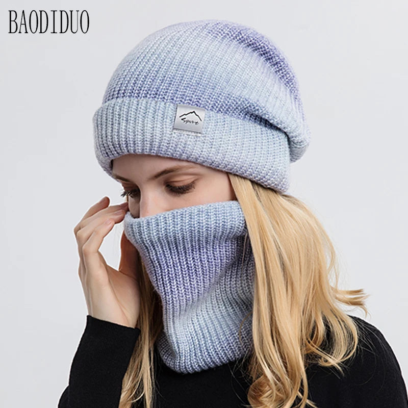 Xinbaoguan 60% acrylic 9859 Korean version gradient color thickened warm ear protection and cold proof knitted hat two-piece set