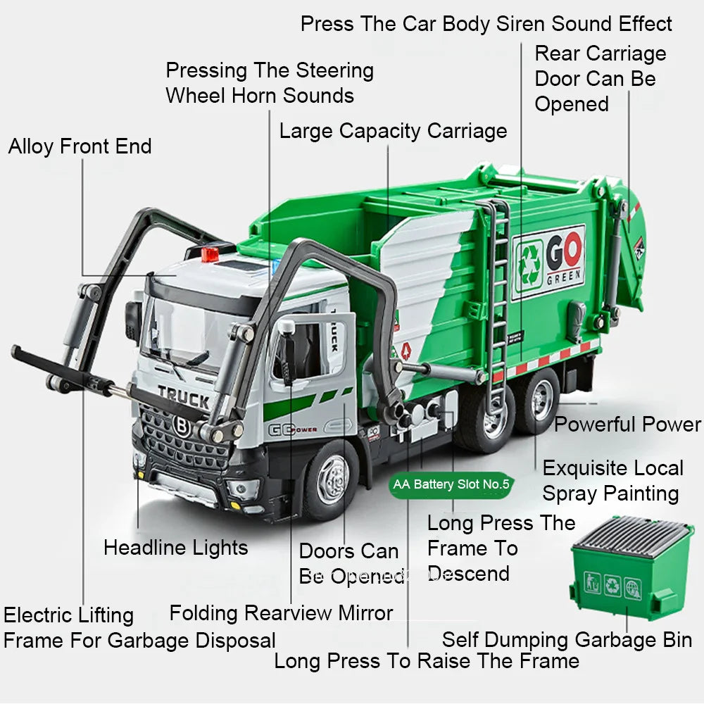 1:18 Alloy Electric City Sanitation Vehicle Hook Truck Toys Car Diecast Model Front End Doors Opened Sound Light Children's Gift