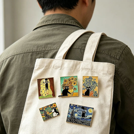 5pcs Famous Painting Black Cat Enamel Pins Set Aesthetic Vintage Sunflower Art Brooches Badge Pins for Backpack fans Collectible
