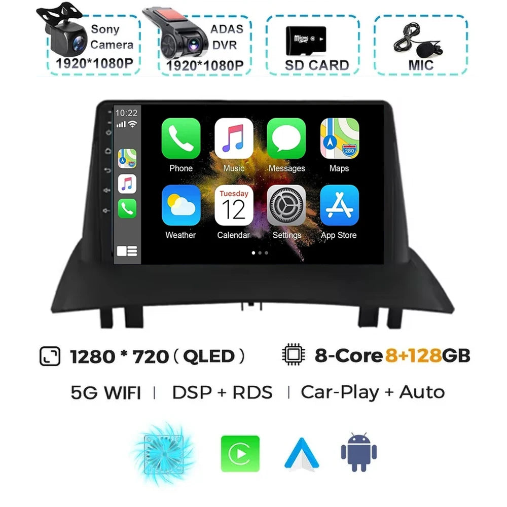 For Renault Megane 2 2002-2009 2K QLED Android 15 Android Car Radio Multimedia Video Player GPS Stereo CarPlay 4G Navigationv BT