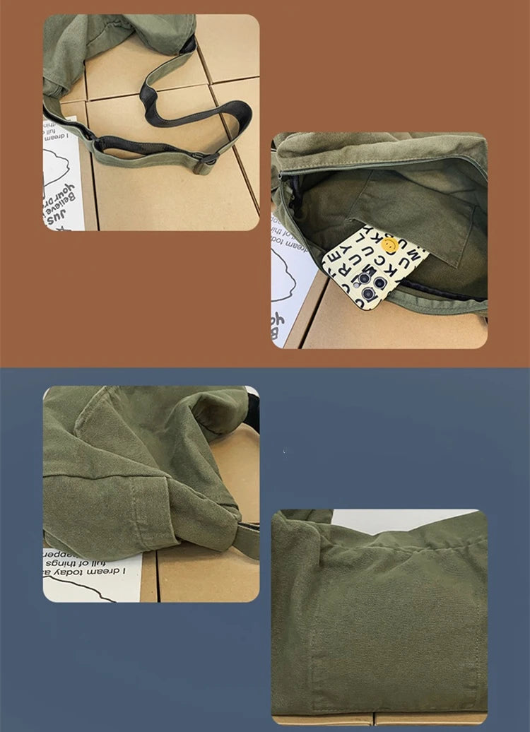 Female Canvas Fabric Hobo Soft Slouchy Shoulder Bag sac Student Leisure Medium Size School Book Laptop Pouch Messenger Side Bag