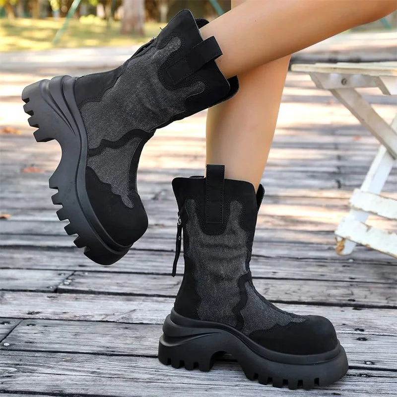 Retro Zipper Up Black Khaki Women's Boots Autumn Winter High Heel Platform Ankle Boots Woman Anti Slip Wedges Botas Mujer