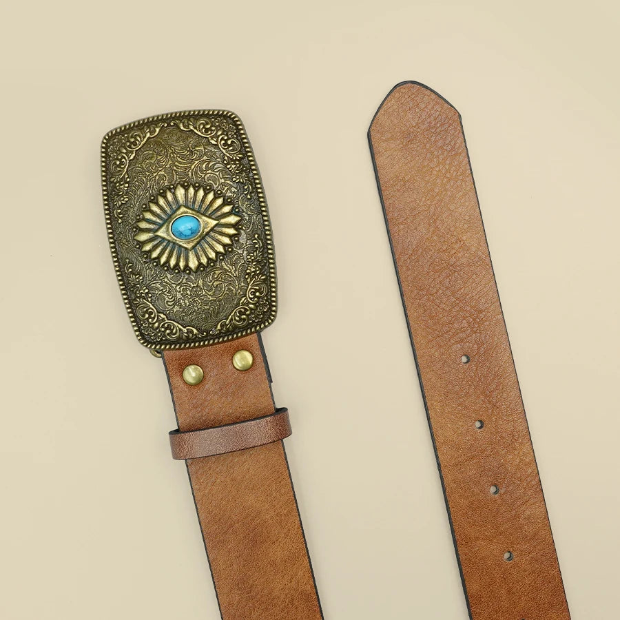 Elegant Vintage Royal Style Women's Belt with Floral Design and Blue Turquoise Inlaid Alloy Buckle - Ideal for Daily Commute and