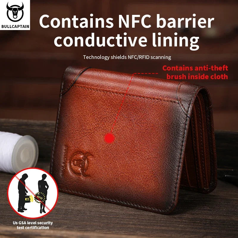 BULLCAPTAIN Men's Genuine Leather Wallet Casual Retro Cash Clip RFID Antimagnetic Multi-Card Slot Cowhide Coin Purse
