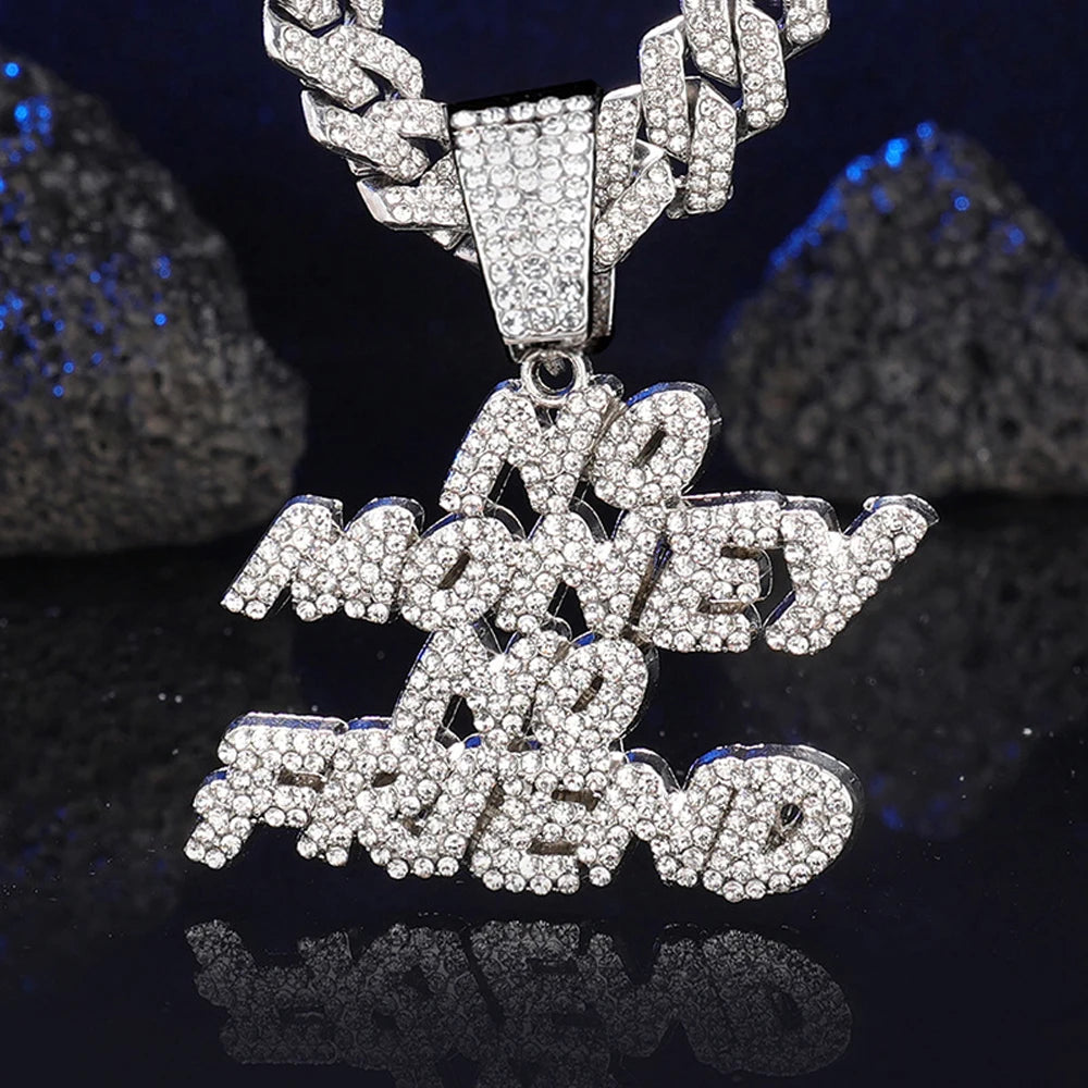 Men Women Hip Hop NO Money No Friend Pendant Necklace with 14mm Cuban Chain HipHop Iced Out Bling Necklaces Fashion Jewelry Gift