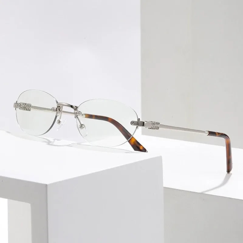 Rimless Oval Photochromic Sunglasses Men Women Lightweight Metal Frame Transition Lens UV400 Protection Sun Glasses