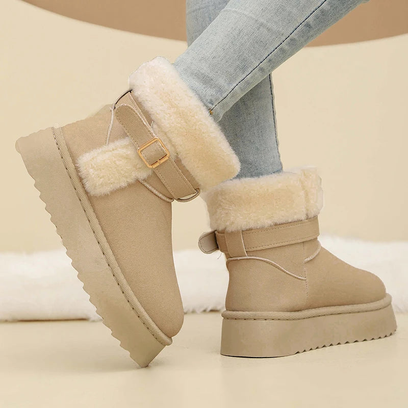 Faux Fur Winter Ankle Boots Women Fashion Buckle Anti Slip Platform Snow Boots Woman Plus Size Faux Suede Warm Short Booties