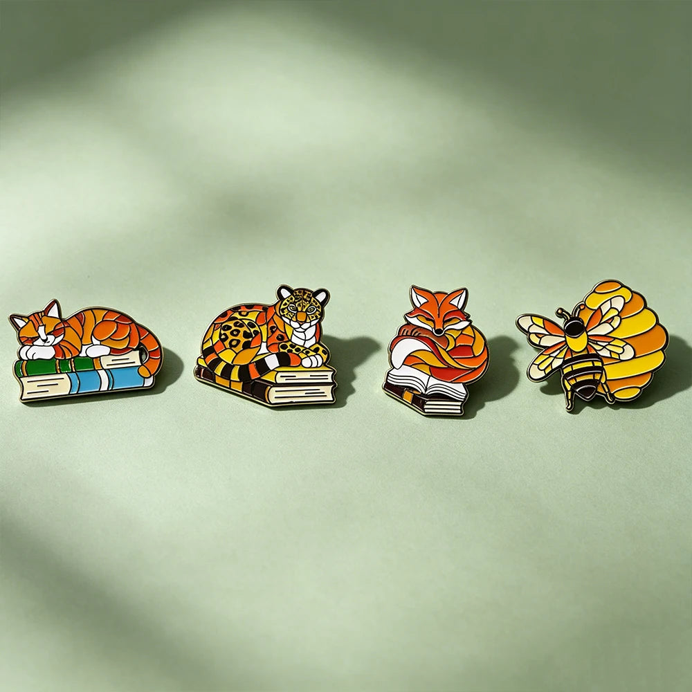 4pcs Cute Fox Enamel Pin Book Brooches Lapel Pins Cartoon Badge on Backpack Clothing Accessories Animal Jewelry Friends Gifts